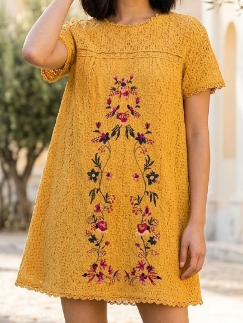 [[Umgee]] Mustard Embroidered Short Sleeve Mini Dress